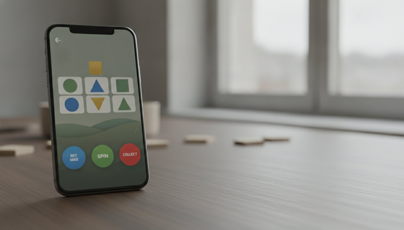 Tela de smartphone exibindo um jogo de caça-níqueis com botões grandes e gráficos simplificados.