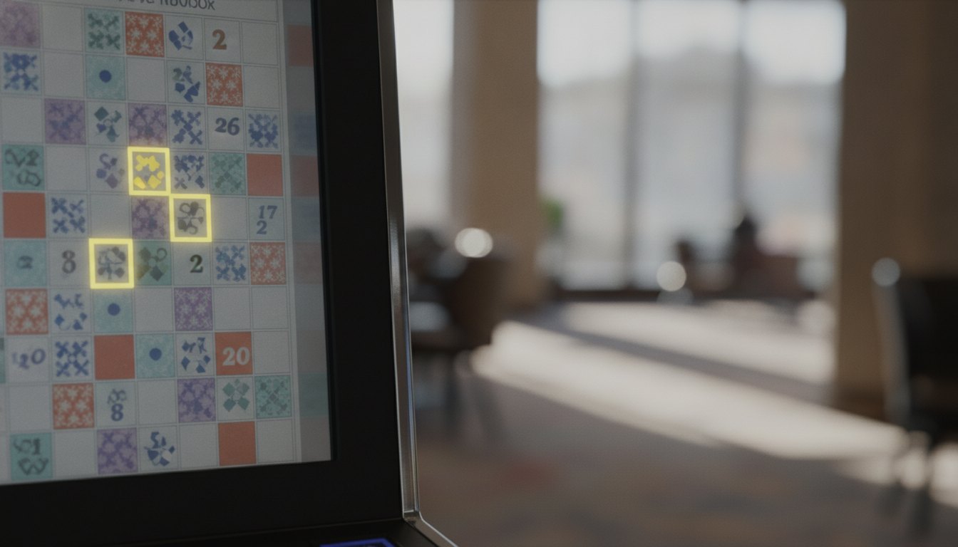 Tela iluminada de máquina de bingo exibindo cartelas coloridas e números sorteados em destaque amarelo.