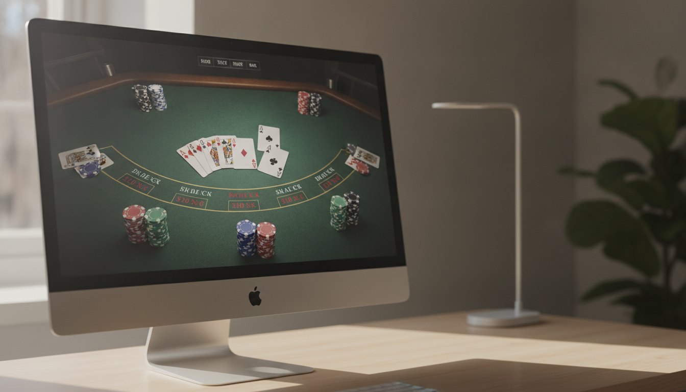 Tela de computador exibindo uma mesa virtual de blackjack com cartas distribuídas e fichas de aposta.
