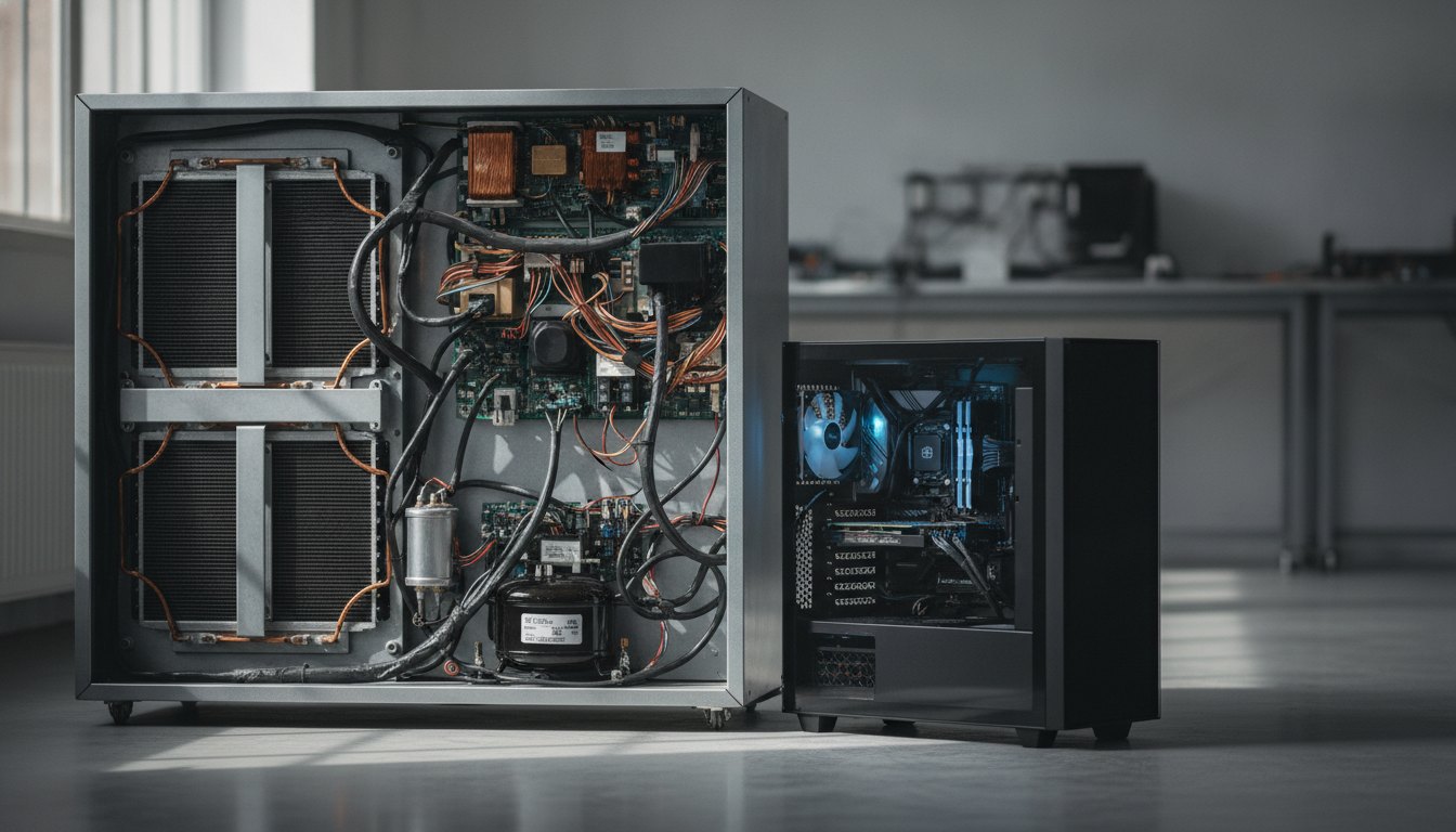 Parte traseira de uma geladeira com componentes elétricos expostos ao lado de uma CPU iluminada.