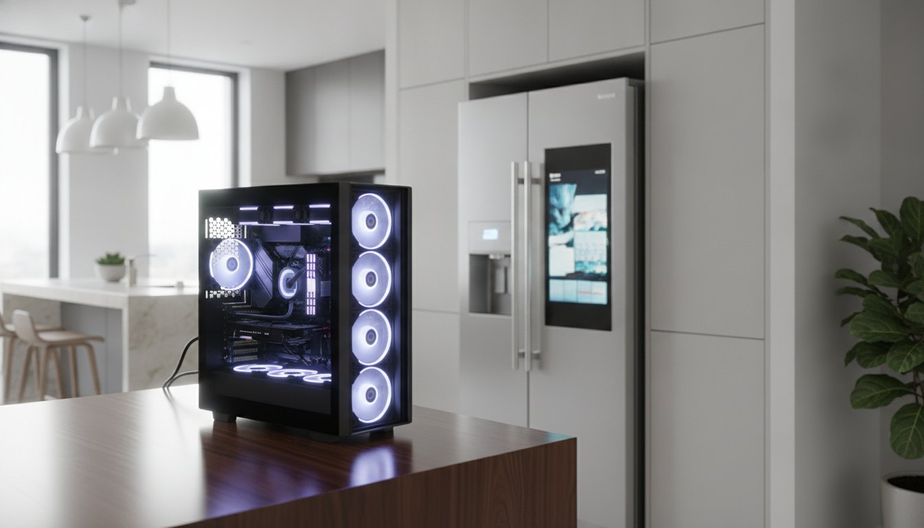 Computador de alta performance ao lado de uma geladeira com painel digital em cozinha americana.