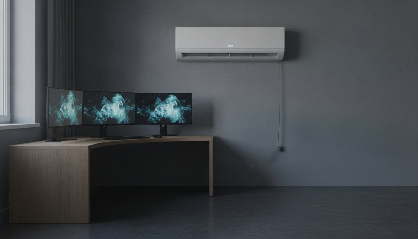 Computador com múltiplos monitores ao lado de um ar-condicionado de parede em um quarto escuro.