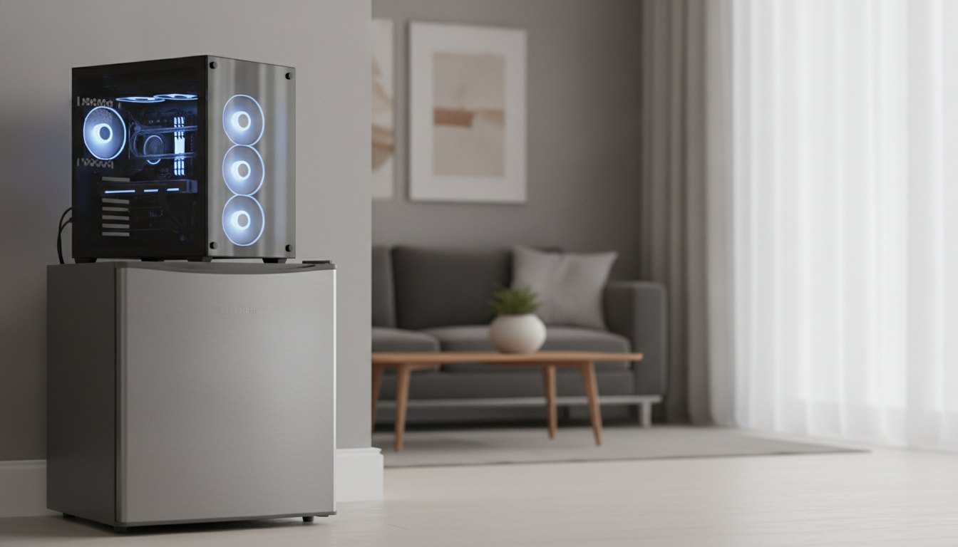 Computador de alto desempenho ao lado de um frigobar em uma sala com iluminação suave.