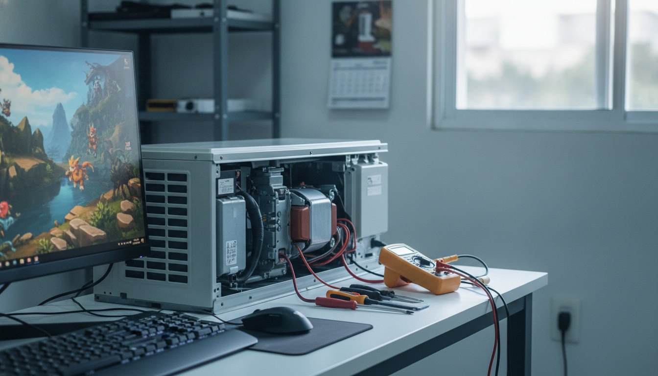 Técnico inspecionando o motor de um ar-condicionado próximo a um computador com tela de jogos.