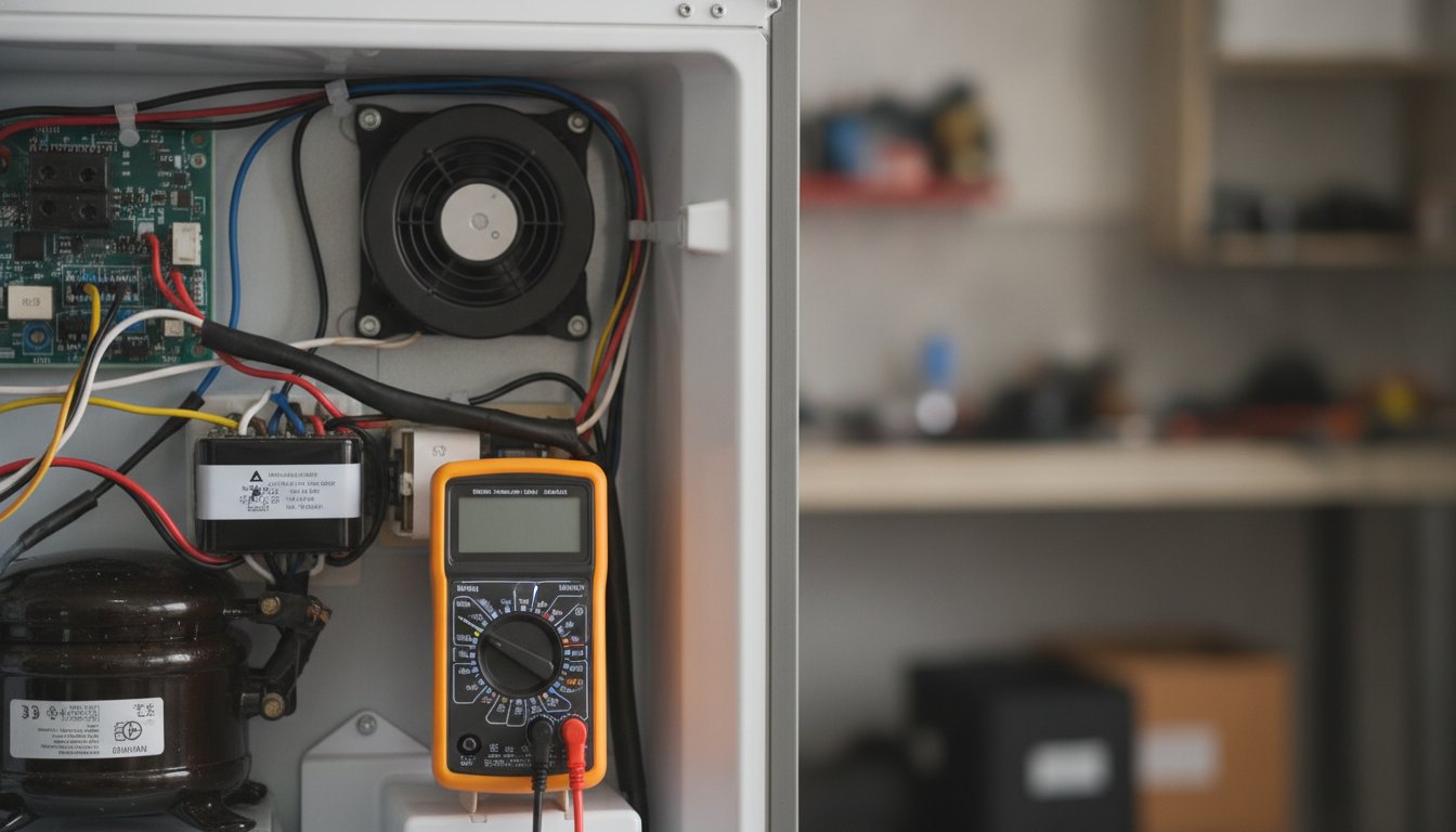 Multímetro medindo os componentes elétricos na parte traseira de um refrigerador aberto.