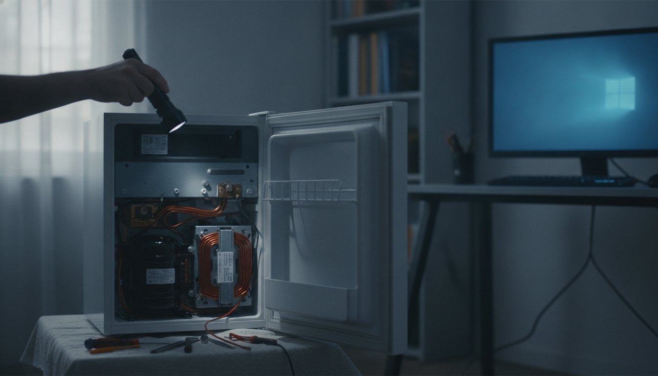 Técnico examinando o motor traseiro de um frigobar em um quarto com um computador iluminado.