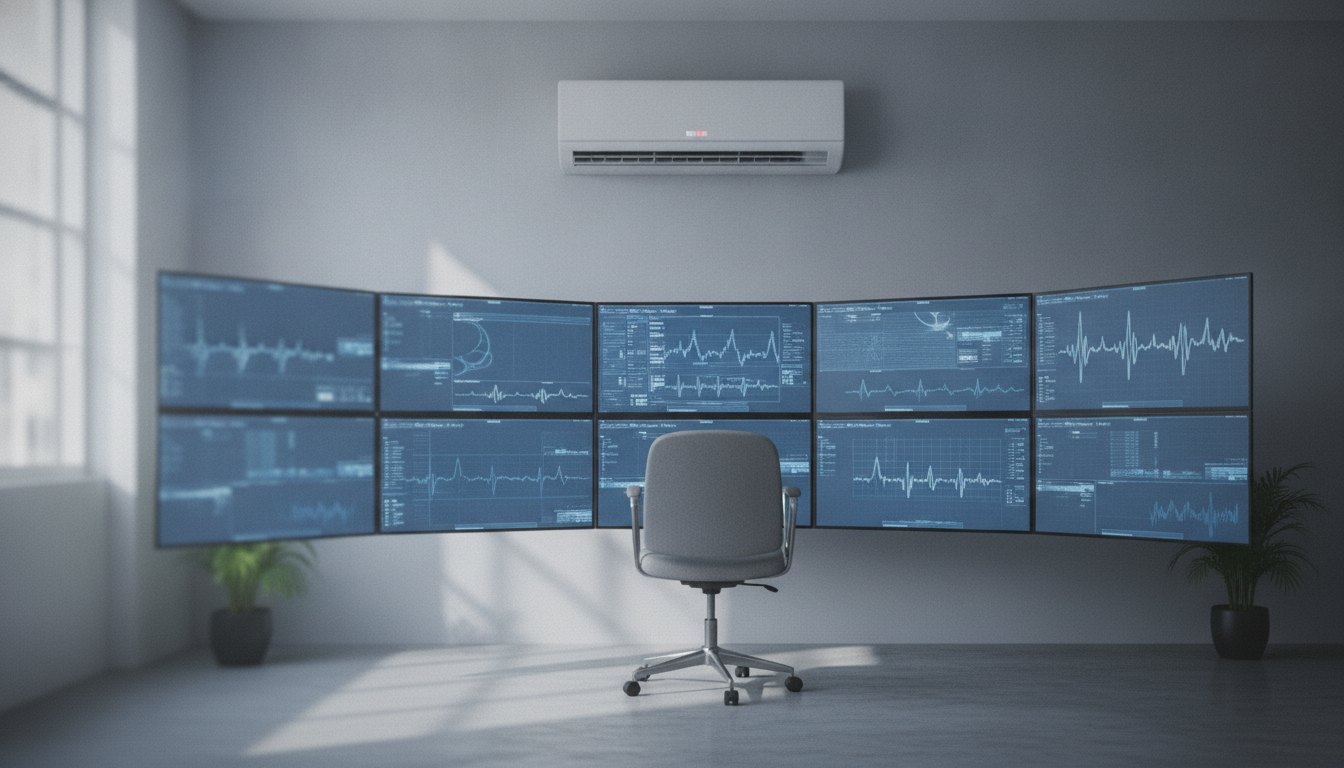 Homem sentado diante de múltiplos monitores em uma sala com ar-condicionado de parede ao fundo.