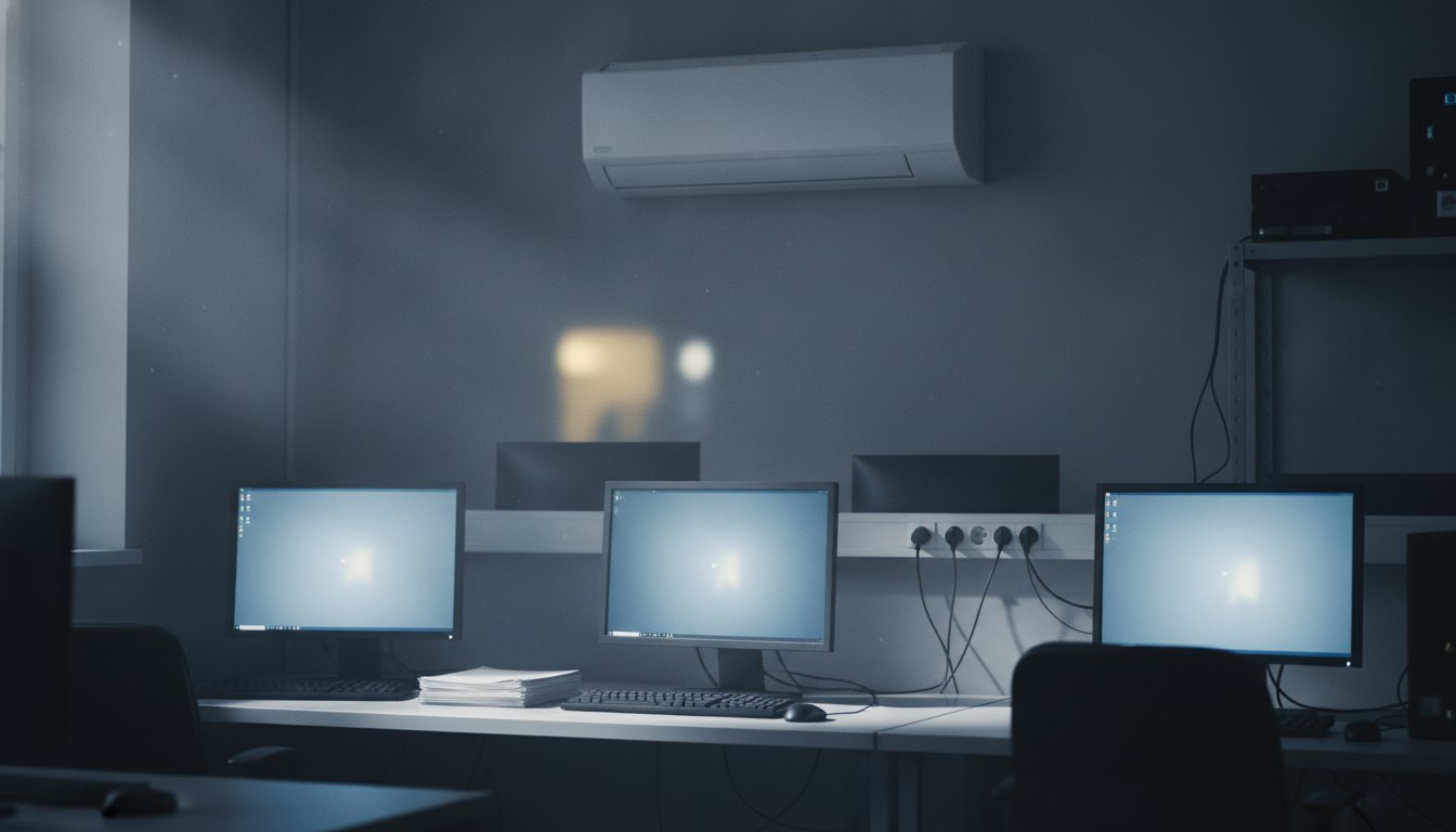 Computadores ligados em uma sala escura, próximos a um aparelho de ar-condicionado de parede.