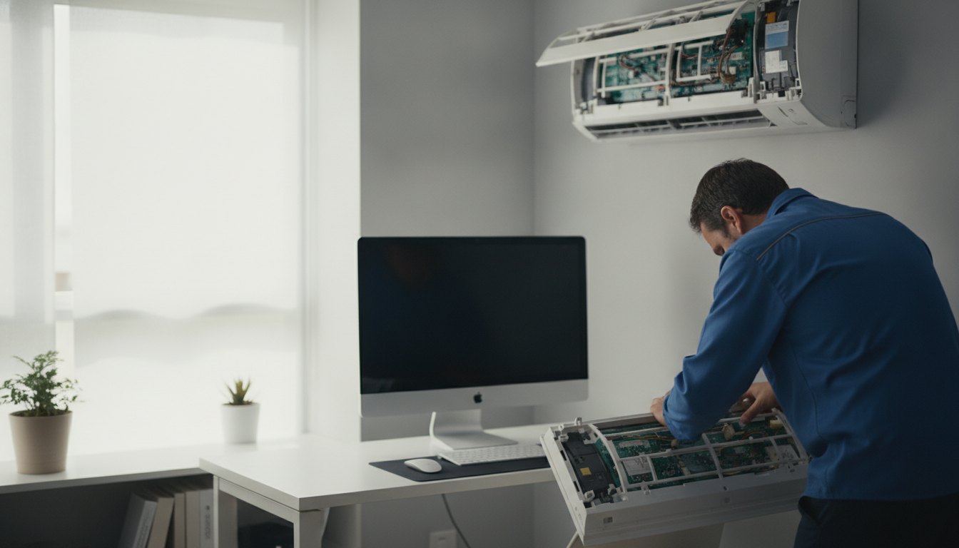 Técnico inspecionando o painel de um ar-condicionado de parede em uma sala com computador de mesa.