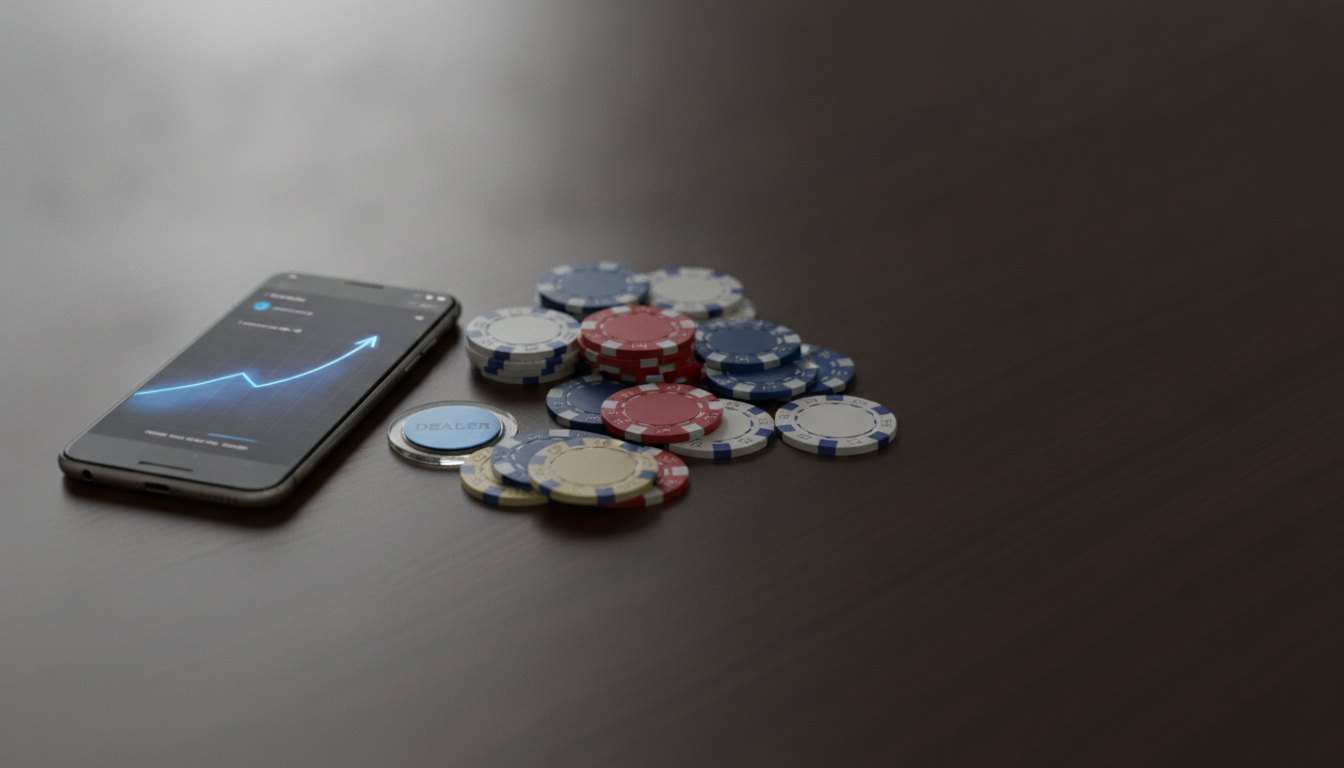 Gráfico ascendente em tela de celular ao lado de fichas de cassino sobre mesa escura.