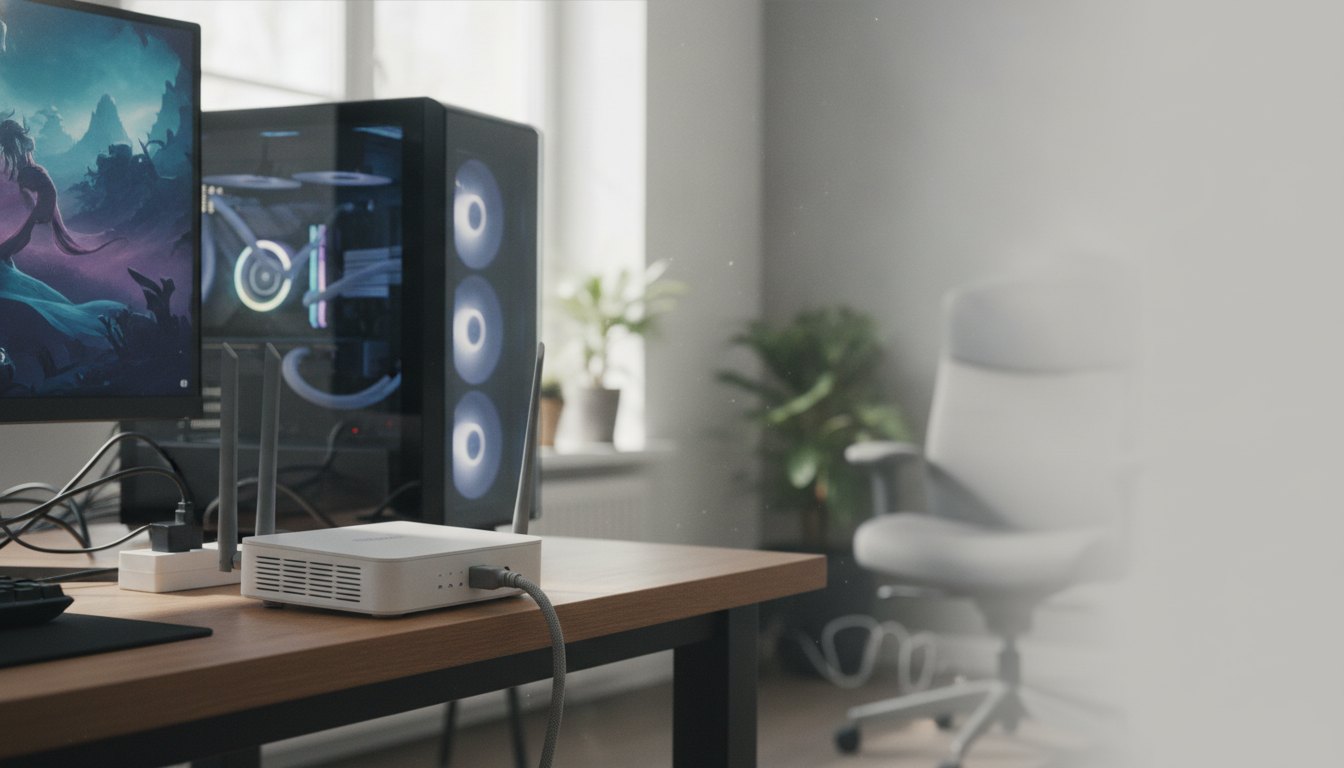 Homem reiniciando o roteador de internet ao lado de um computador com gráficos de jogos.