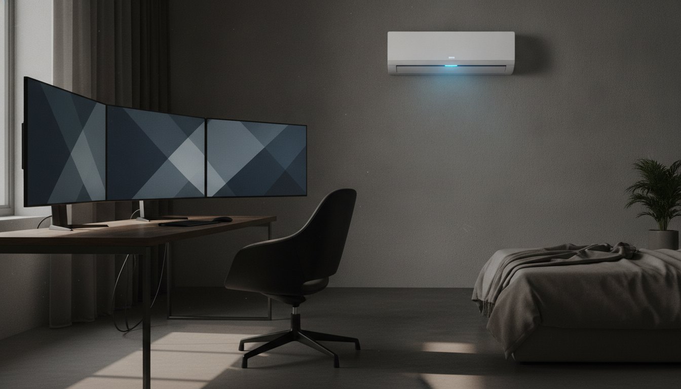 Computador com múltiplos monitores ao lado de um ar-condicionado de parede em um quarto escuro.