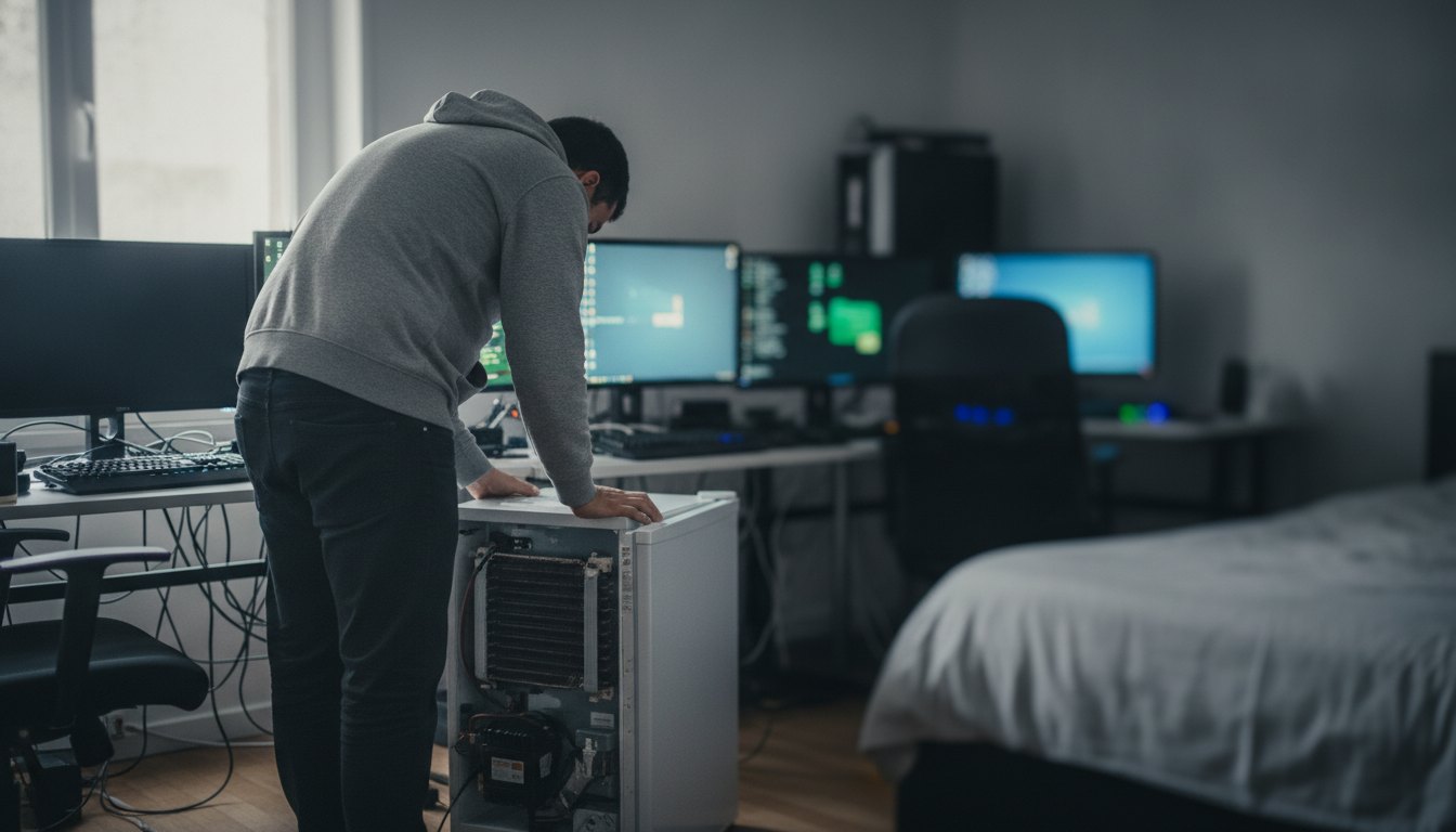 Homem avaliando a parte traseira de uma geladeira pequena em um quarto com computadores ligados.
