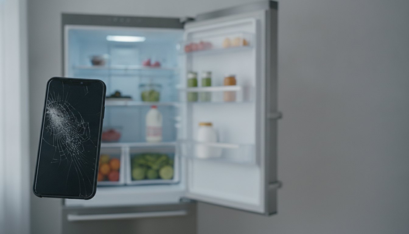 Homem segurando smartphone com tela rachada ao lado de uma geladeira com a porta entreaberta.