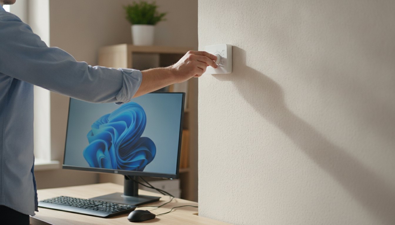 Homem ajustando o termostato de um ar-condicionado de parede em uma sala com computador ligado.