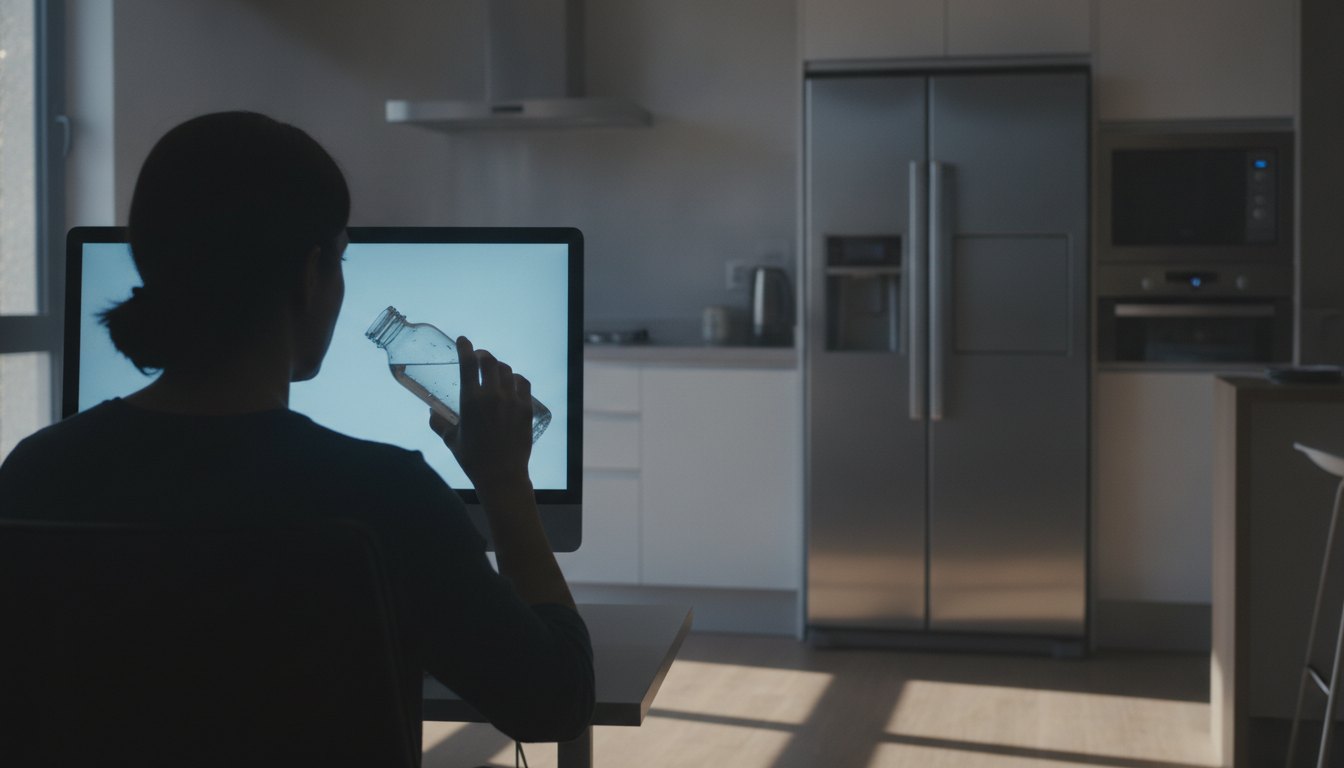 Homem sentado em frente ao computador iluminado segurando uma garrafa de água ao lado da cozinha.
