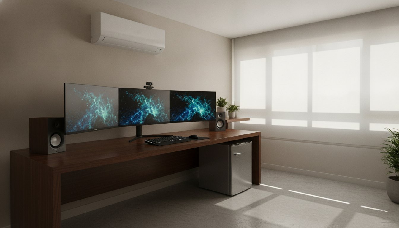 Quarto iluminado com computador de múltiplos monitores, ar-condicionado na parede e frigobar próximo à mesa.