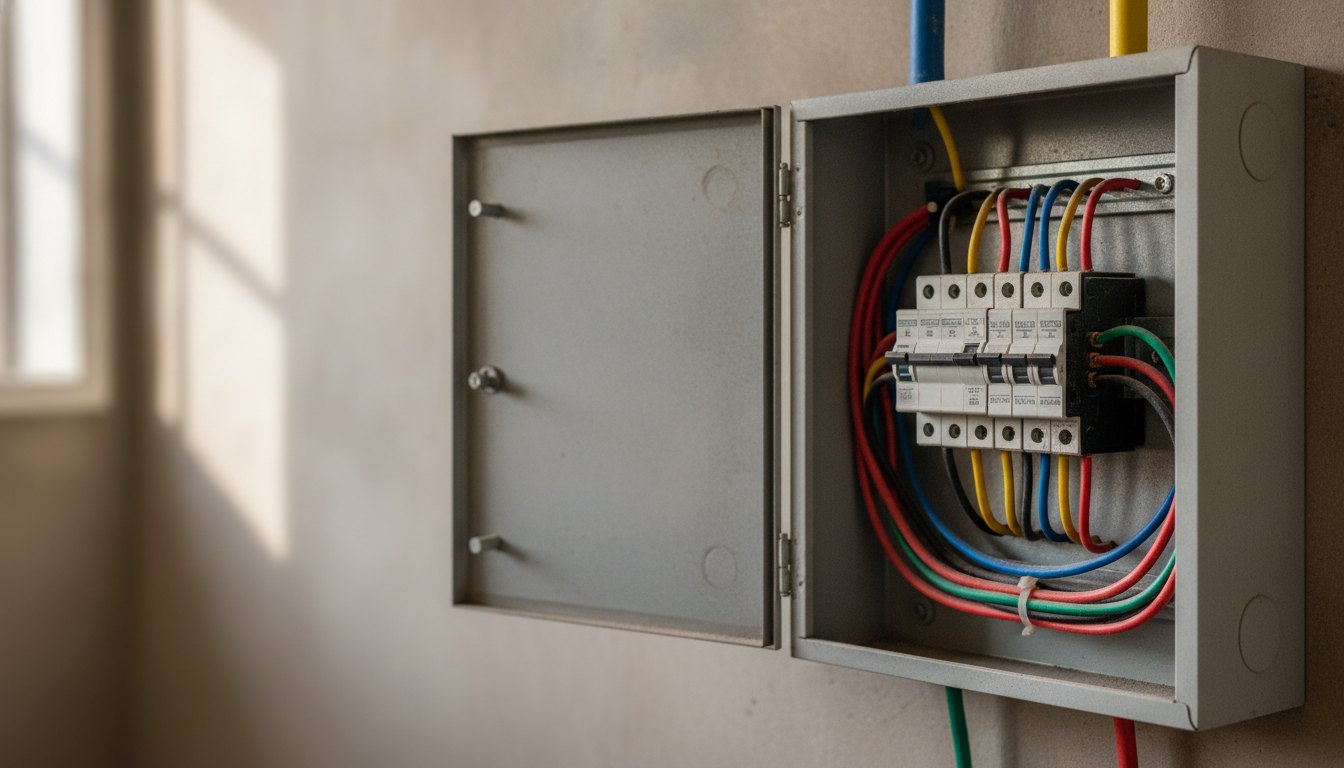 Quadro de disjuntores de energia aberto com cabos coloridos conectados aos interruptores principais.