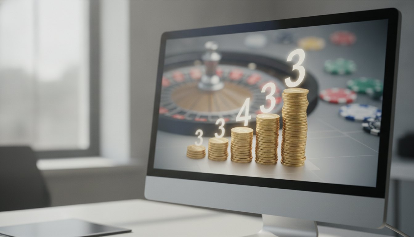 Tela de computador exibindo um gráfico com moedas empilhadas e valores numéricos crescentes em destaque.