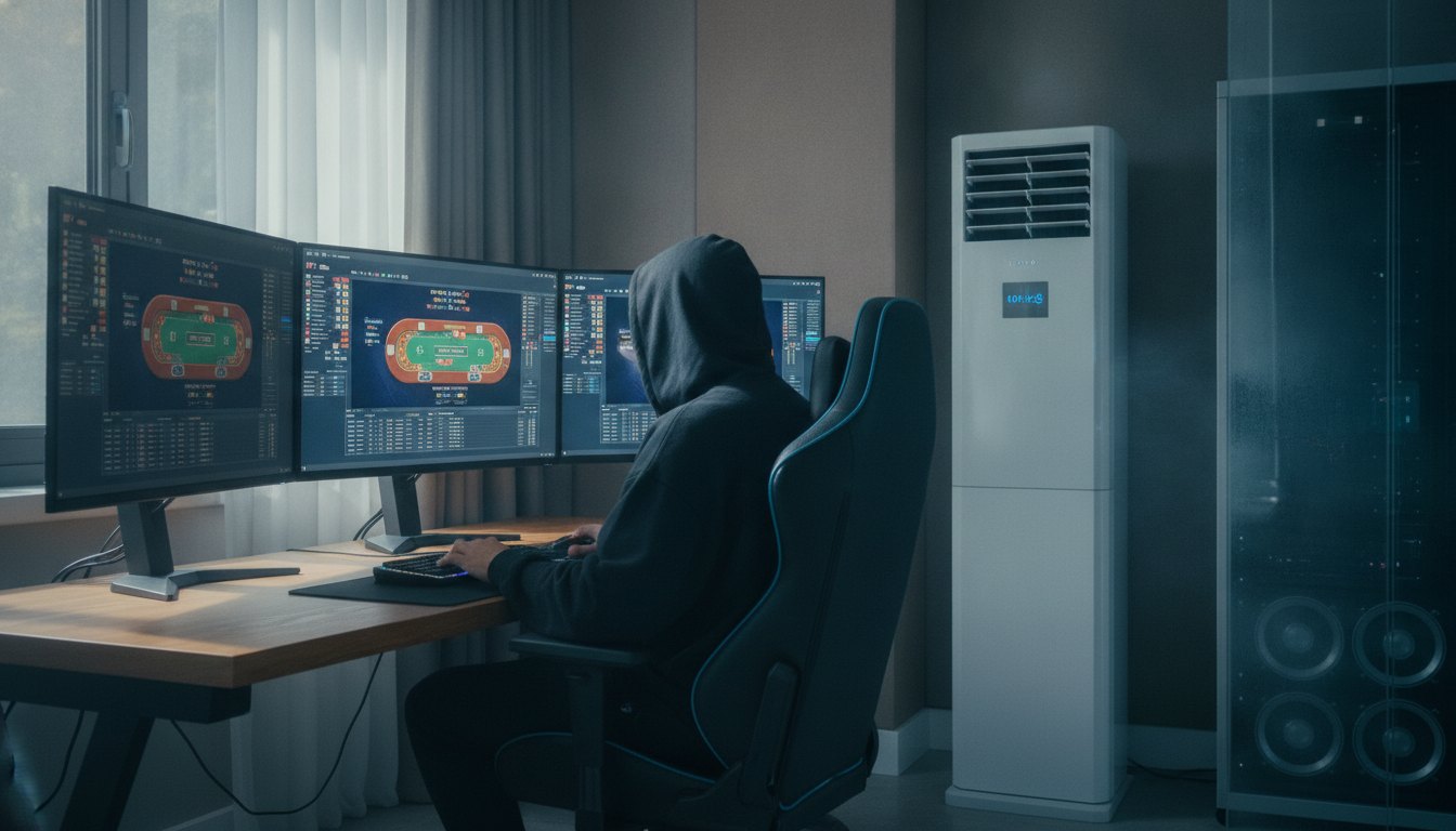 Jogador de poker online focado em frente a múltiplos monitores em um ambiente climatizado.