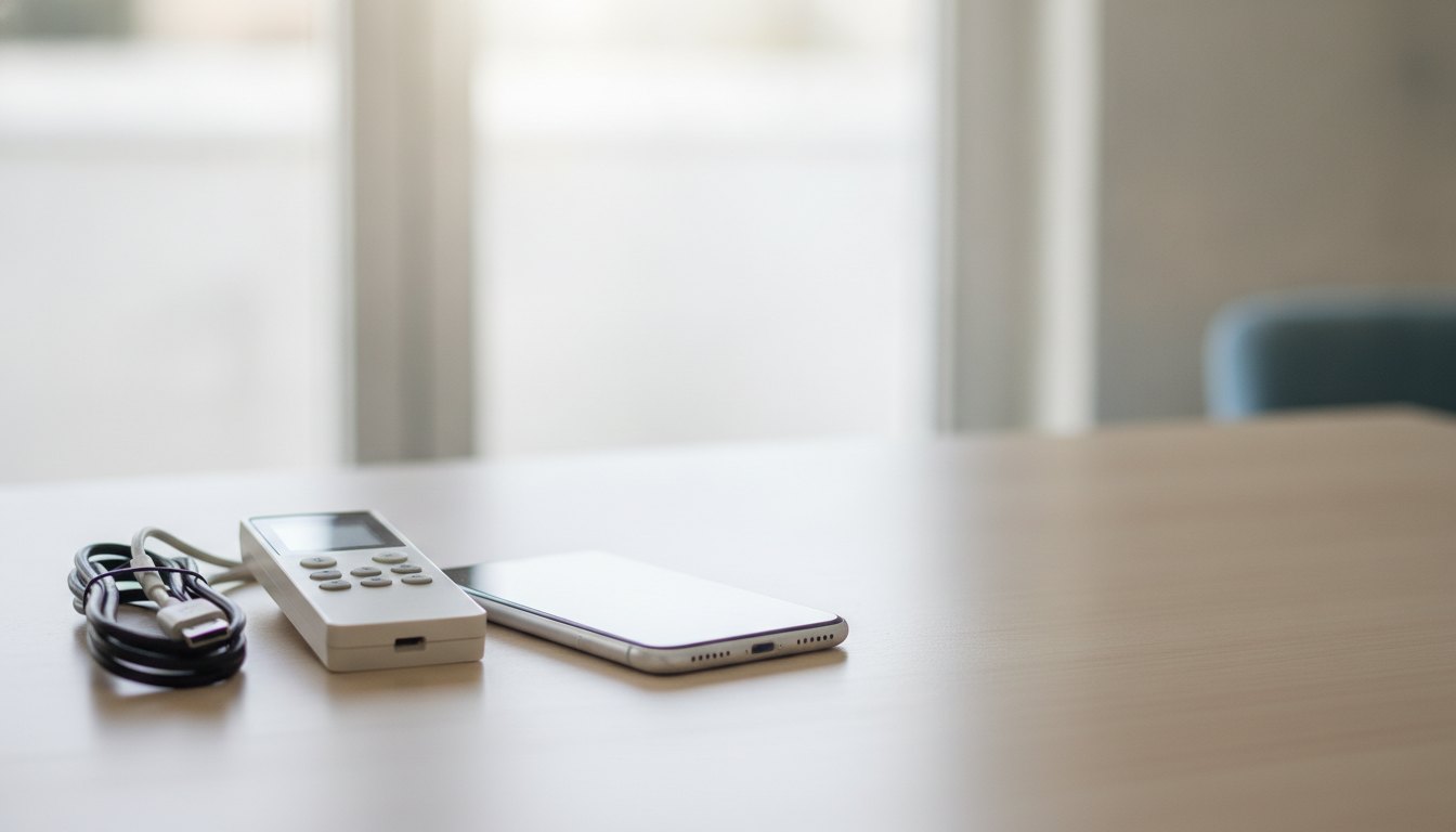 Smartphone sobre uma mesa próximo a um controle remoto de ar-condicionado e cabos de carregamento.