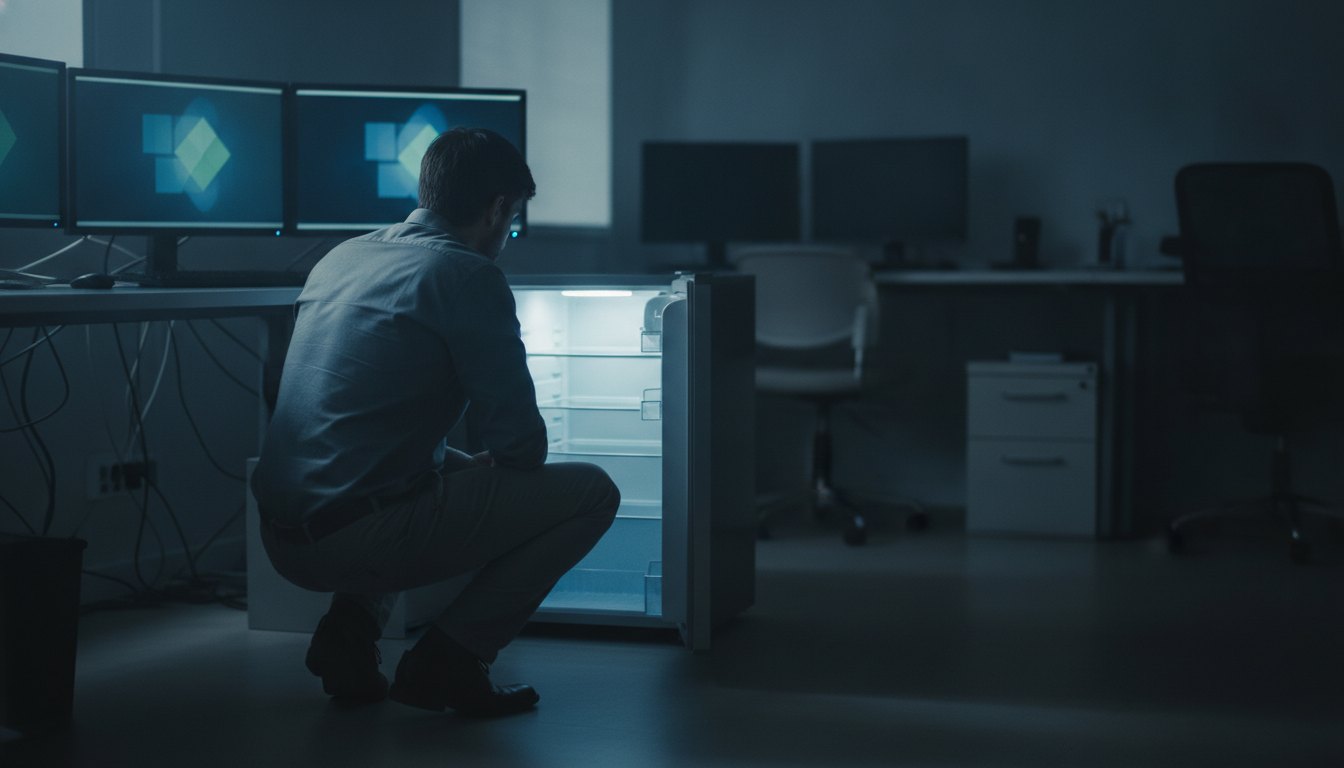 Homem agachado analisando um pequeno refrigerador aberto em um escritório escuro com monitores ligados.