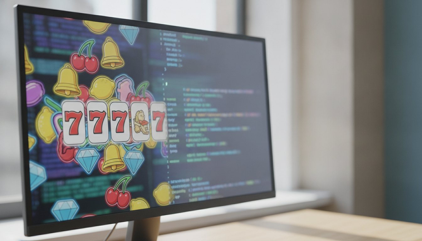 Tela de computador exibindo símbolos coloridos de caça-níqueis ao lado de blocos de programação desfocados.