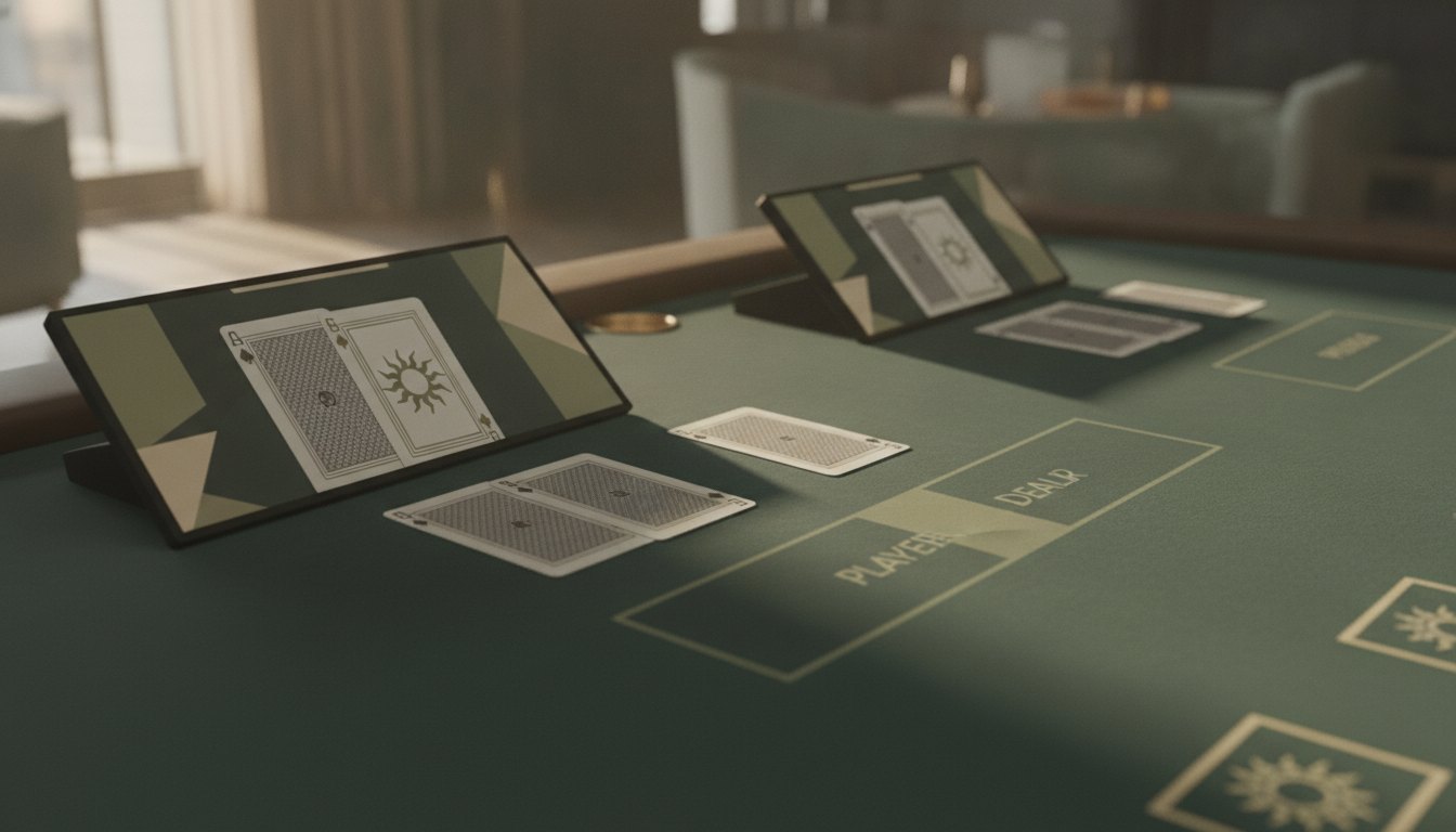 Interface de jogo digital mostrando cartas do jogador e da banca sobre uma mesa verde.