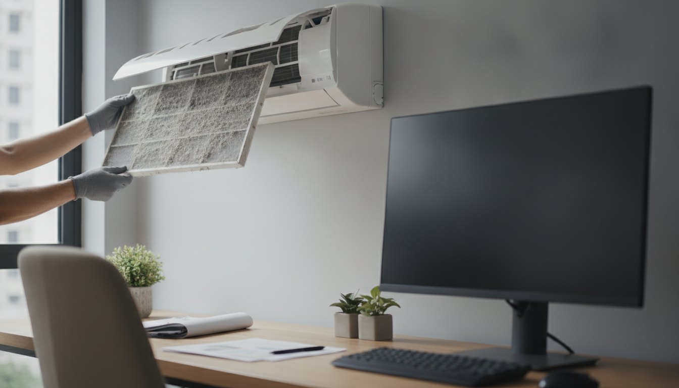 Técnico removendo filtro empoeirado de ar-condicionado branco instalado na parede de um escritório com computador.