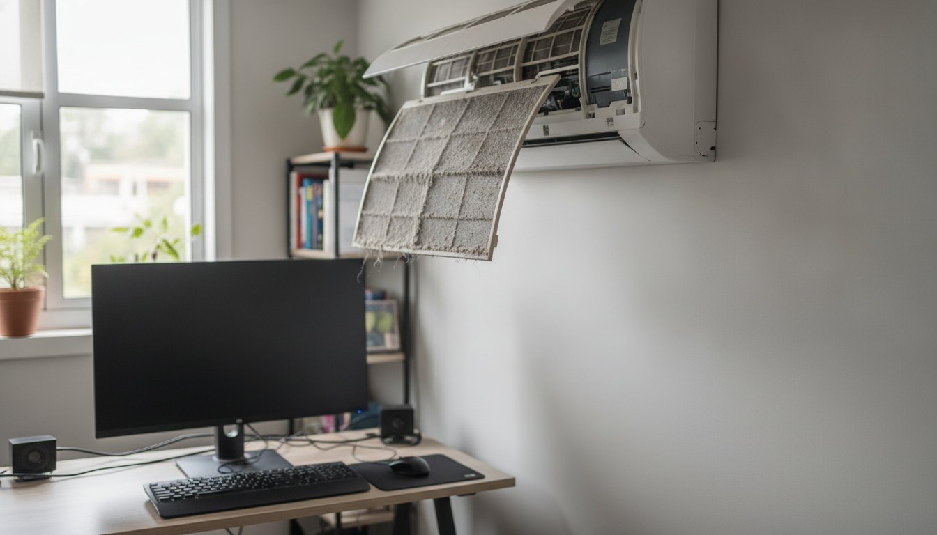 Equipamento de ar-condicionado aberto com o filtro empoeirado sendo retirado em uma sala com computador.