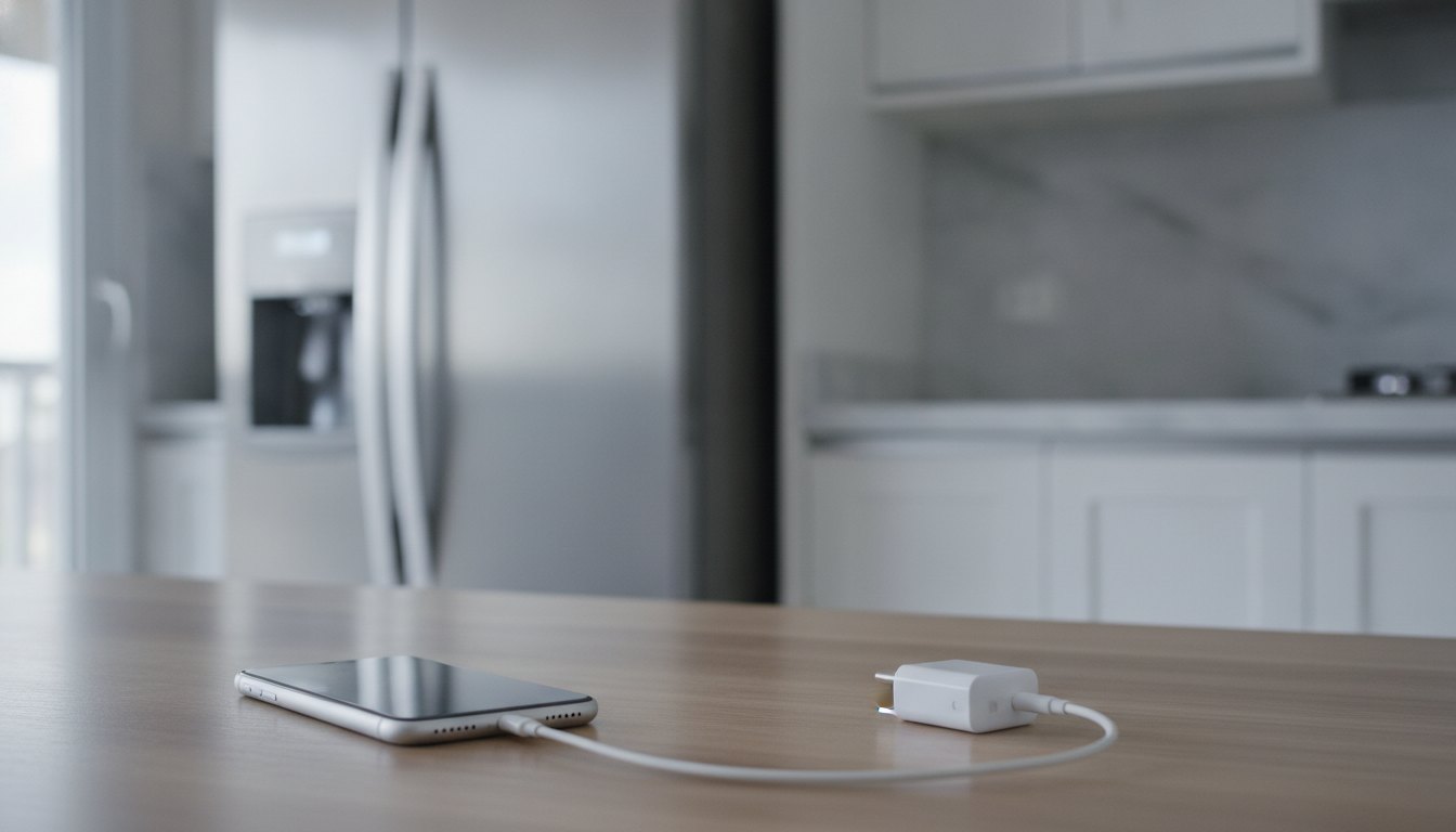 Smartphone conectado ao carregador sobre uma mesa, com uma geladeira ao fundo no ambiente doméstico.