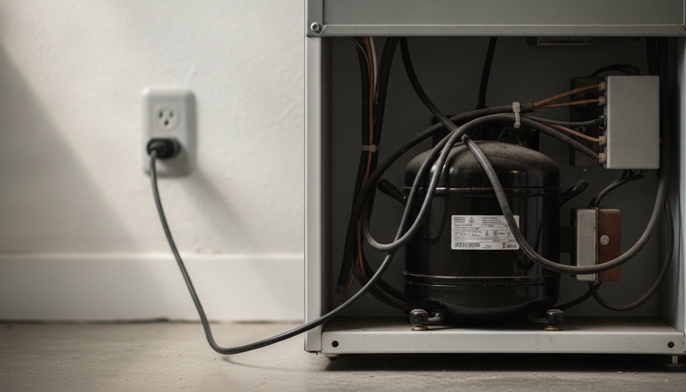 Parte traseira de um refrigerador com foco no compressor e no cabeamento elétrico conectado à tomada.