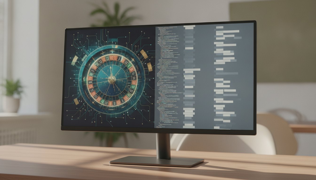 Tela de computador exibindo uma roleta digital ao lado de blocos de código de programação.