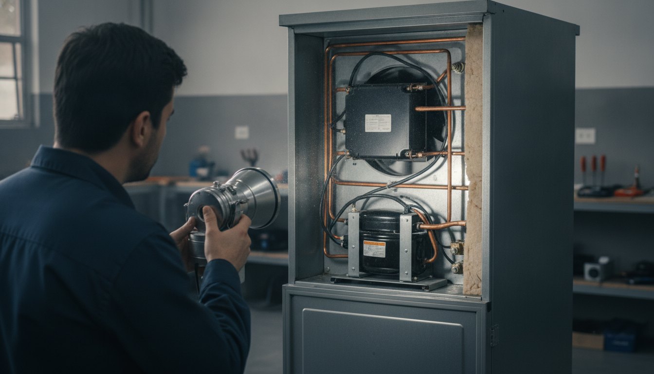 Pessoa segurando uma lanterna enquanto verifica a parte traseira de um refrigerador metálico.