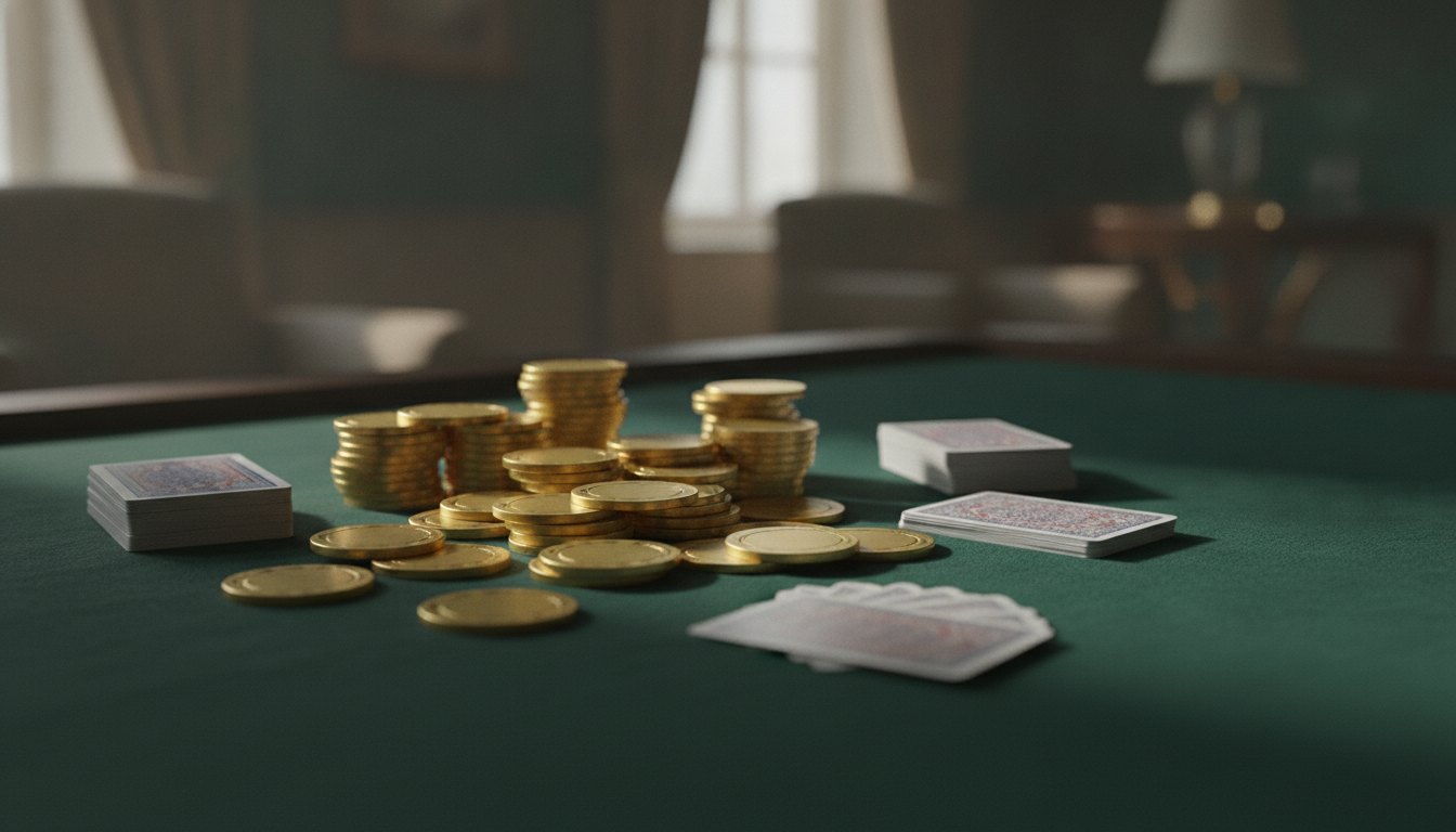 Fichas douradas e cartas de baralho empilhadas sobre uma mesa de feltro verde com iluminação suave