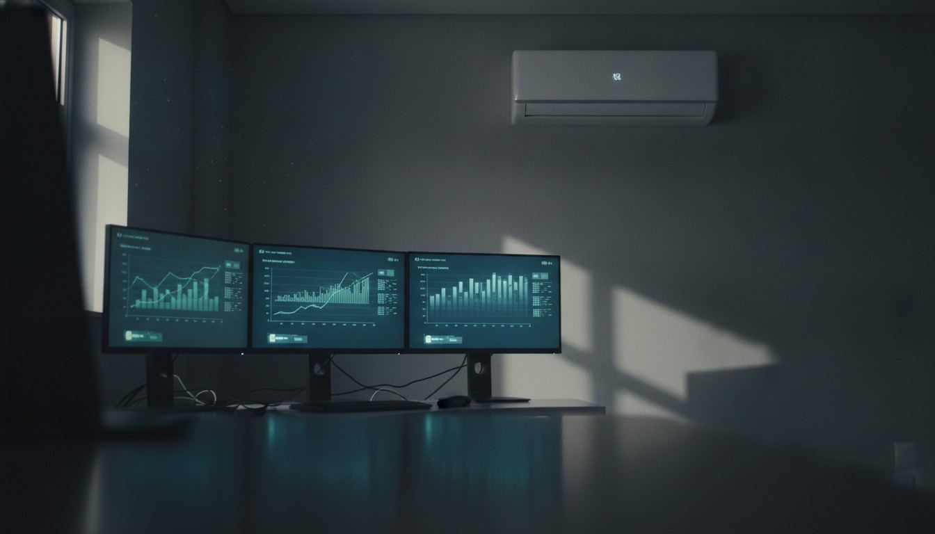 Computadores ligados exibindo gráficos esportivos em um quarto escuro com um ar-condicionado na parede.