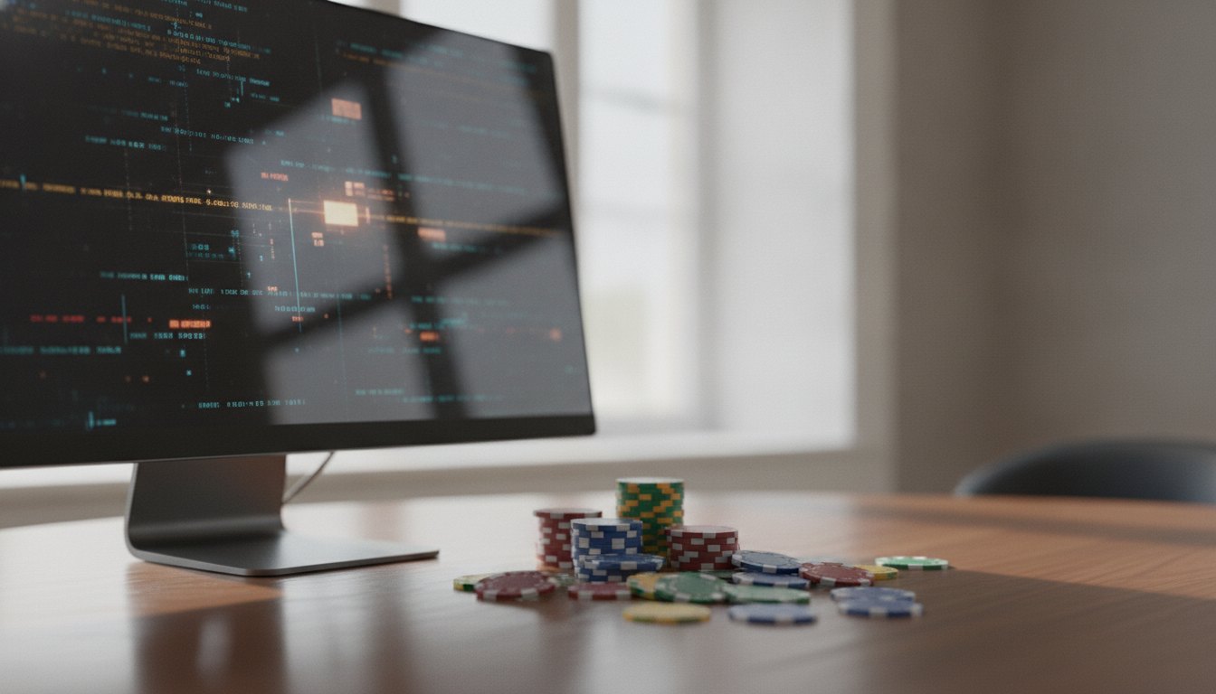 Tela de computador exibindo sequências de números e letras ao lado de fichas de cassino.
