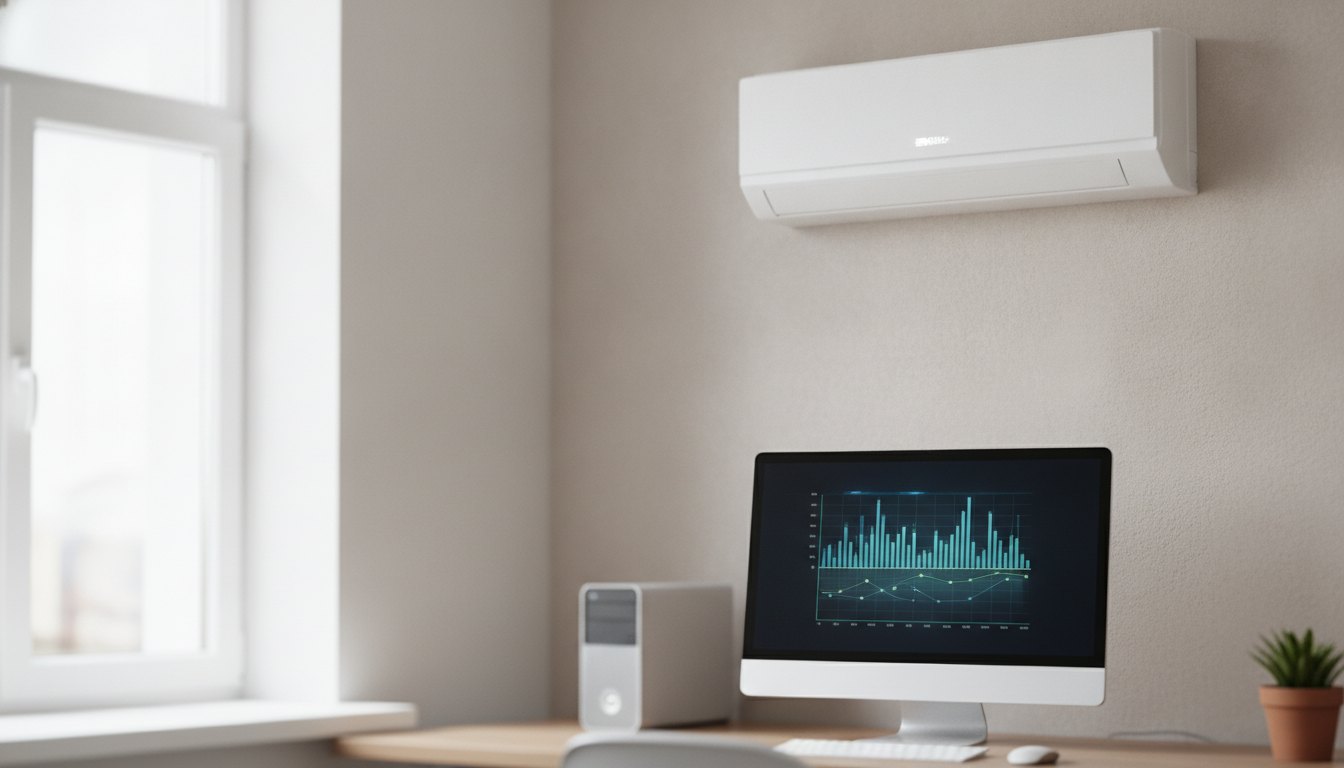 Computador ligado exibindo gráficos na tela ao lado de um aparelho de ar-condicionado split branco.