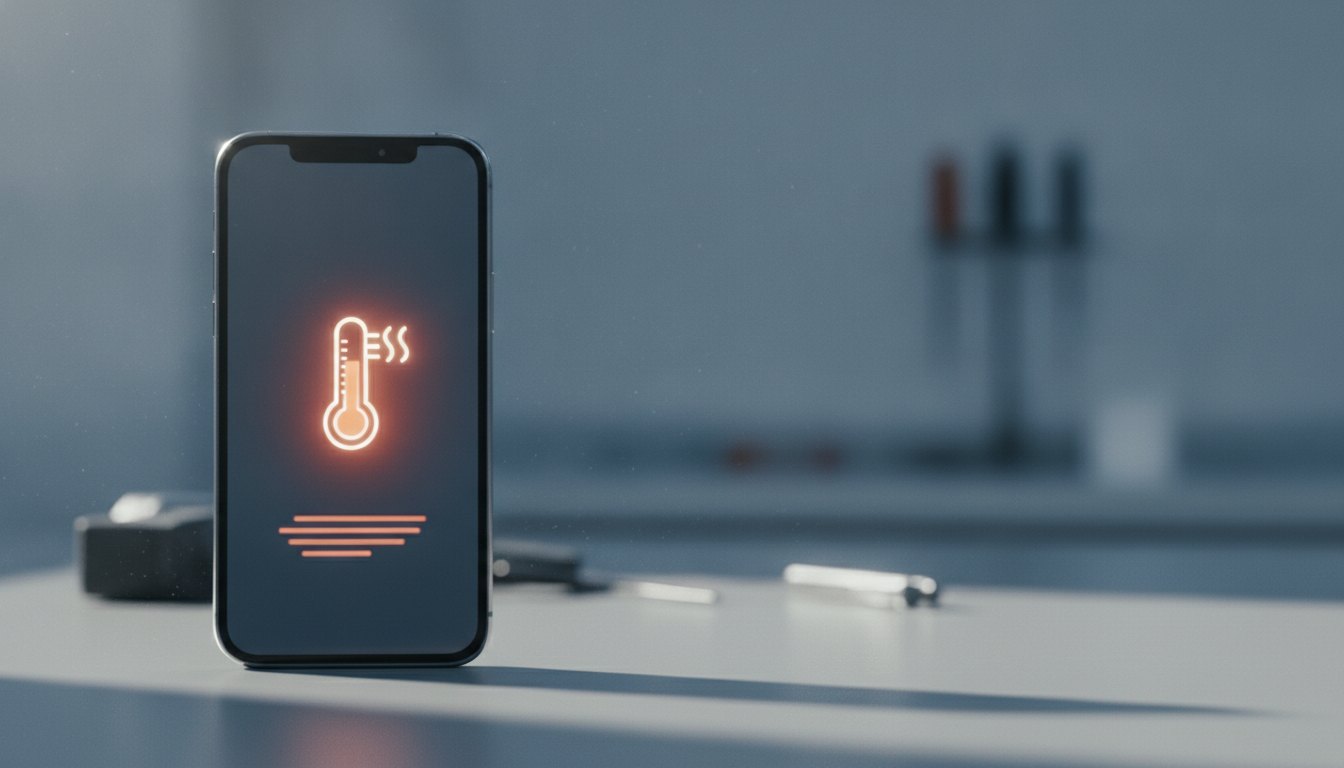 Aparelho celular com a tela acesa exibindo um aviso de temperatura alta.