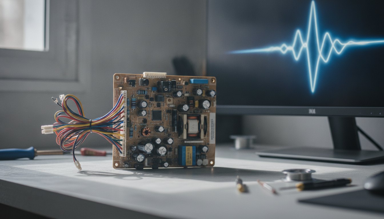 Placa eletrônica de uma geladeira com fios conectados ao lado de um monitor iluminado.