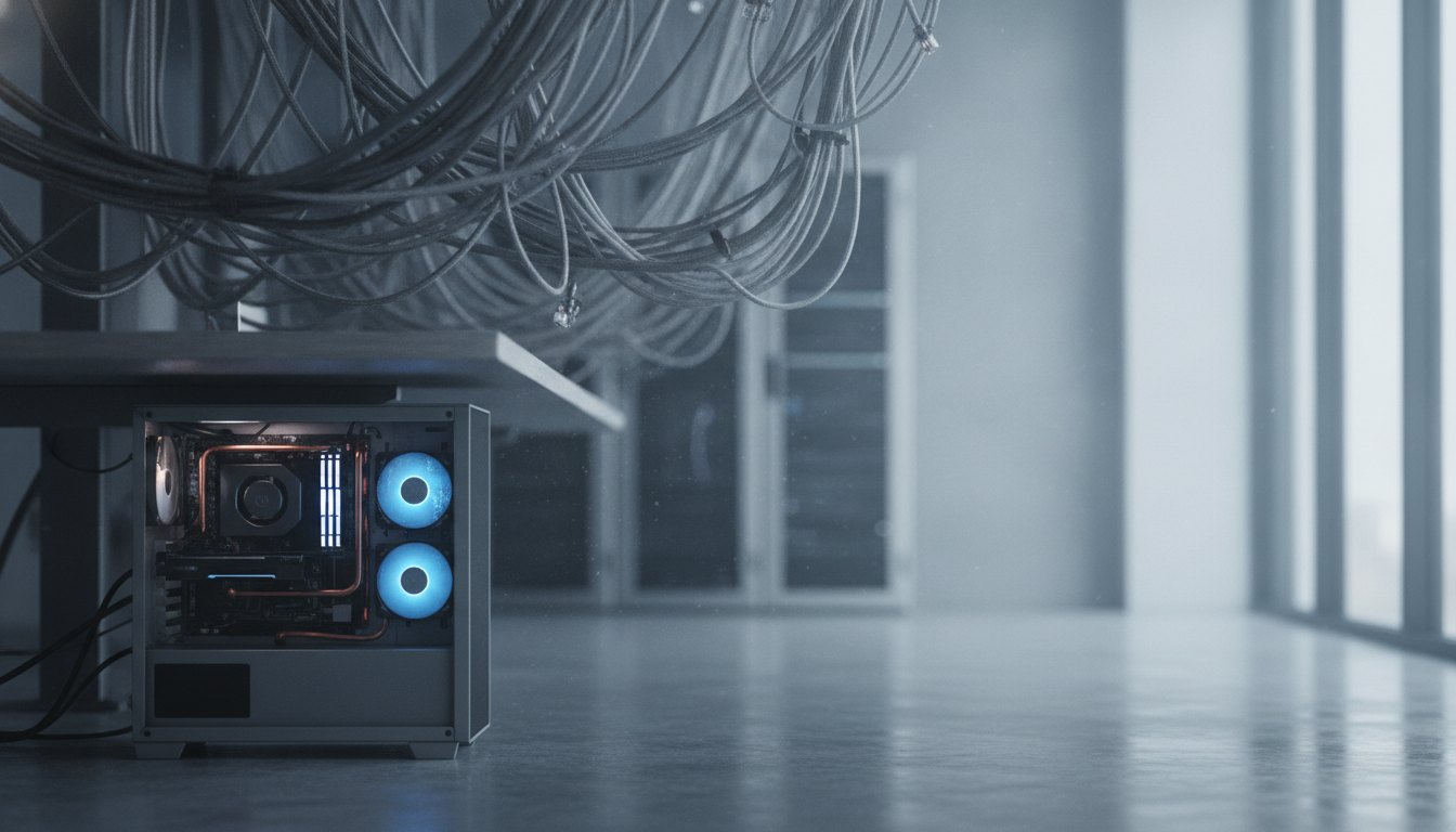 Cabos de energia e rede suspensos acima do chão próximos a um computador iluminado.