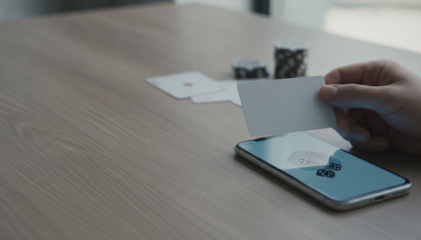 Mão segurando um documento de identidade próximo à tela iluminada de um smartphone sobre a mesa.